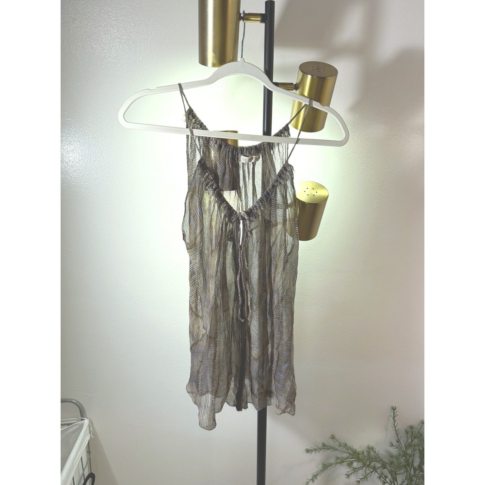Of Two Minds Sheer gray botanical Halter Camisole Top Bronze Blue Large